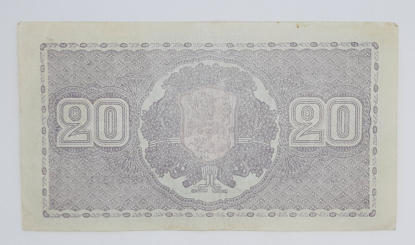 1939 Finland, Suomen Pankki - 20 Finnish Markkaa / Marks Banknote Serial No.D 7064931 P-71a