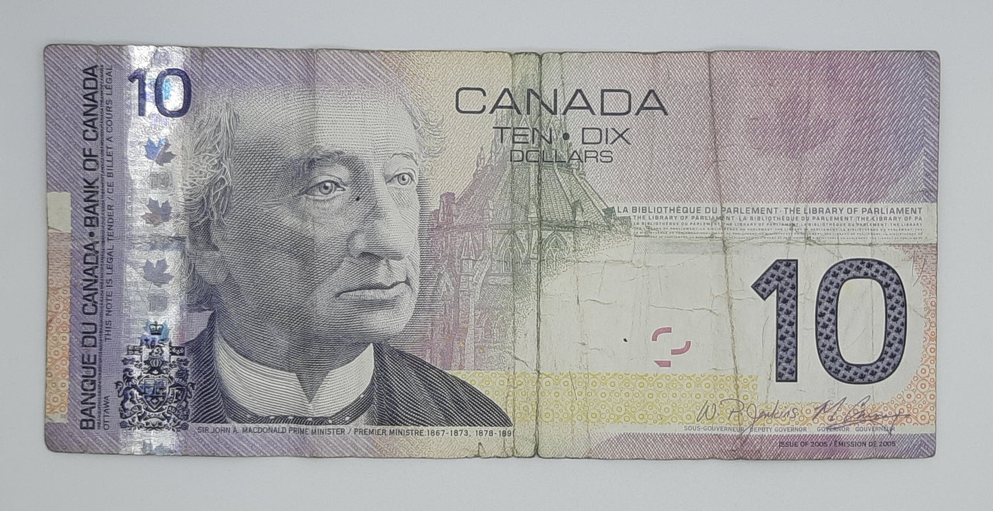 2005 Bank of Canada / Banque Du Canada - 10 Canadian Dollars CAD Banknote Serial No. BFE 0218112 P-102a