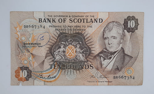 1986 The Bank of Scotland UK - £10 (Ten) Scottish Pounds Banknote Serial No. BR667384 P-113c