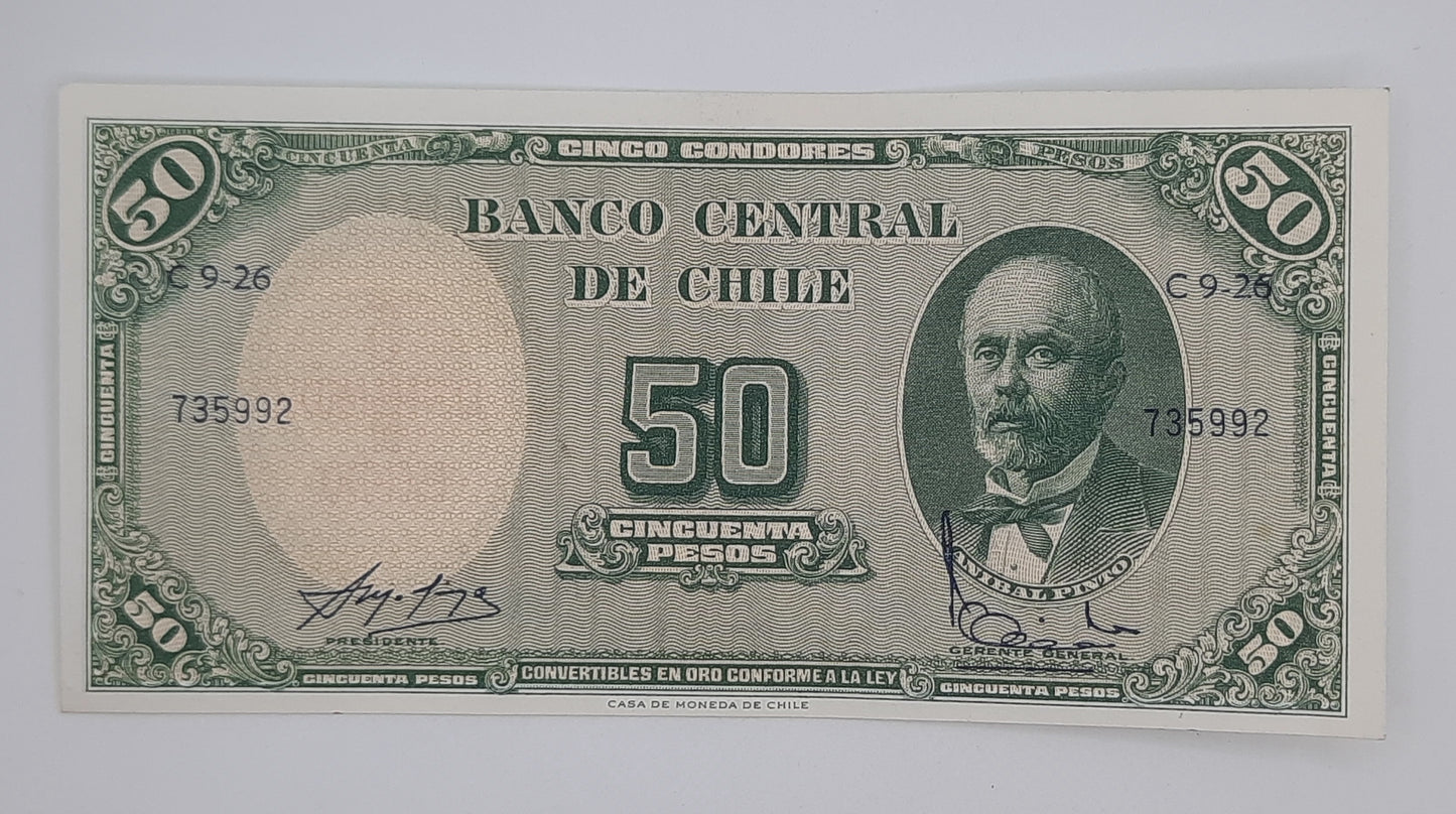 ND (1960–1964) Banco Central De Chile – 5 Céntesimos Overprint on 50 Pesos Pick# 126b | Overprint Note on Pick# 121