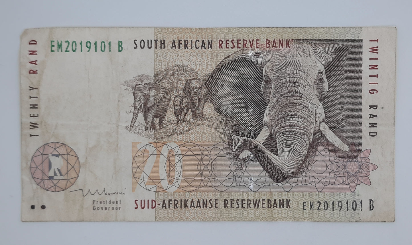 1999 South African Reserve Bank / 20 South African Rand ZAR Banknote Serial No. EM 2019101 B P-124b