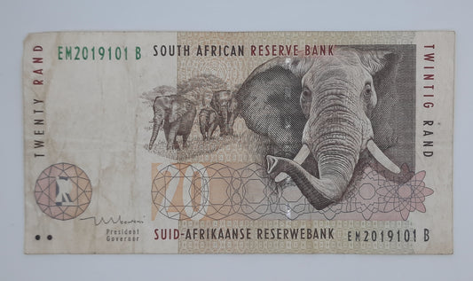 1999 South African Reserve Bank / 20 South African Rand ZAR Banknote Serial No. EM 2019101 B P-124b