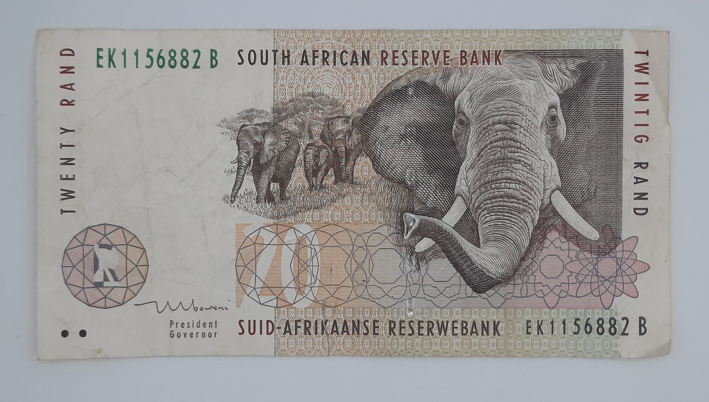 1999 South African Reserve Bank / 20 South African Rand ZAR Banknote Serial No. EK 1156882 B P-124b
