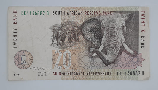 1999 South African Reserve Bank / 20 South African Rand ZAR Banknote Serial No. EK 1156882 B P-124b