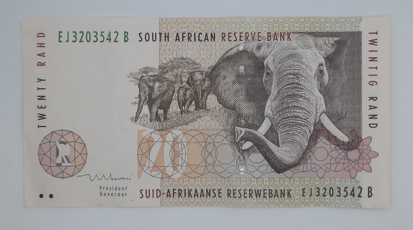 1999 South African Reserve Bank / 20 South African Rand ZAR Banknote Serial No. EJ 3203542 B P-124b