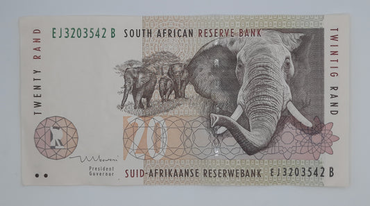1999 South African Reserve Bank / 20 South African Rand ZAR Banknote Serial No. EJ 3203542 B P-124b