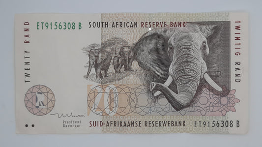 1999 South African Reserve Bank / 20 South African Rand ZAR Banknote Serial No. ET 9156308 B