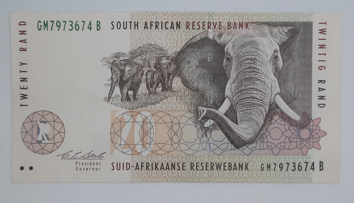 1993 South African Reserve Bank / 20 South African Rand ZAR Banknote Serial No. GM 7973674 B P-124a