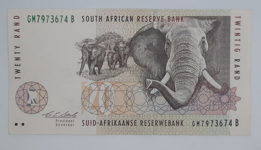 1993 South African Reserve Bank / 20 South African Rand ZAR Banknote Serial No. GM 7973674 B P-124a