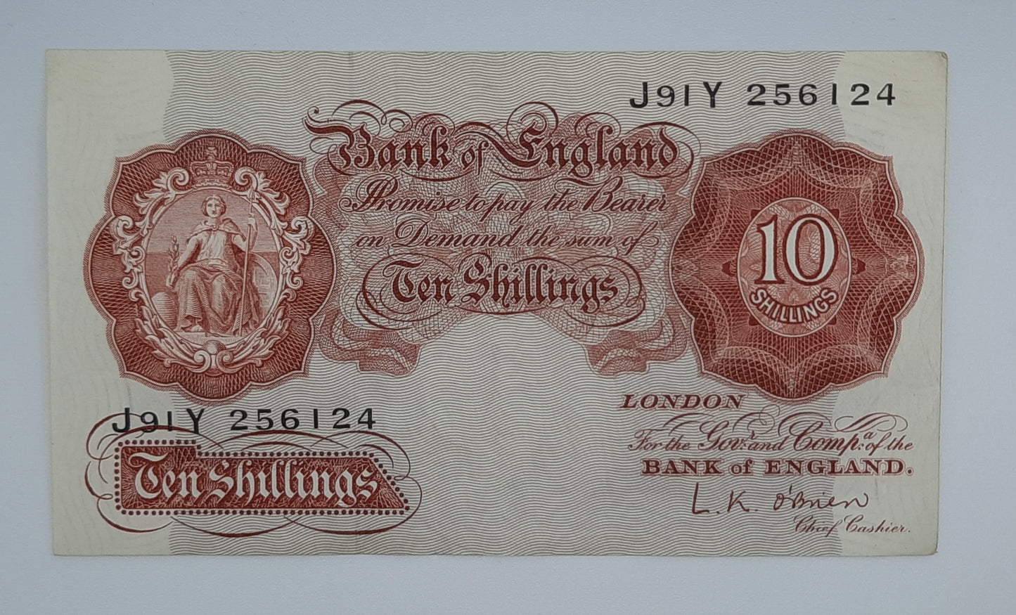 1955 Bank of ENGLAND, UK - 10 /- (Ten) British Shillings Banknote Serial No. J91Y 256124 B-271