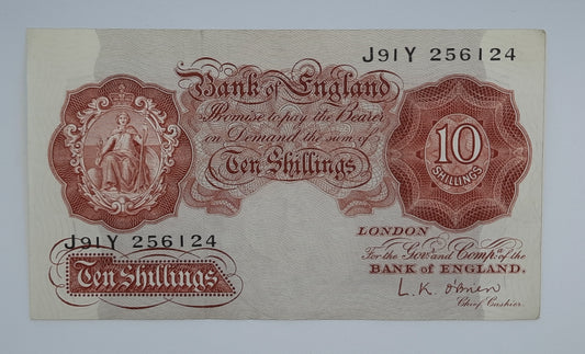 1955 Bank of ENGLAND, UK - 10 /- (Ten) British Shillings Banknote Serial No. J91Y 256124 B-271