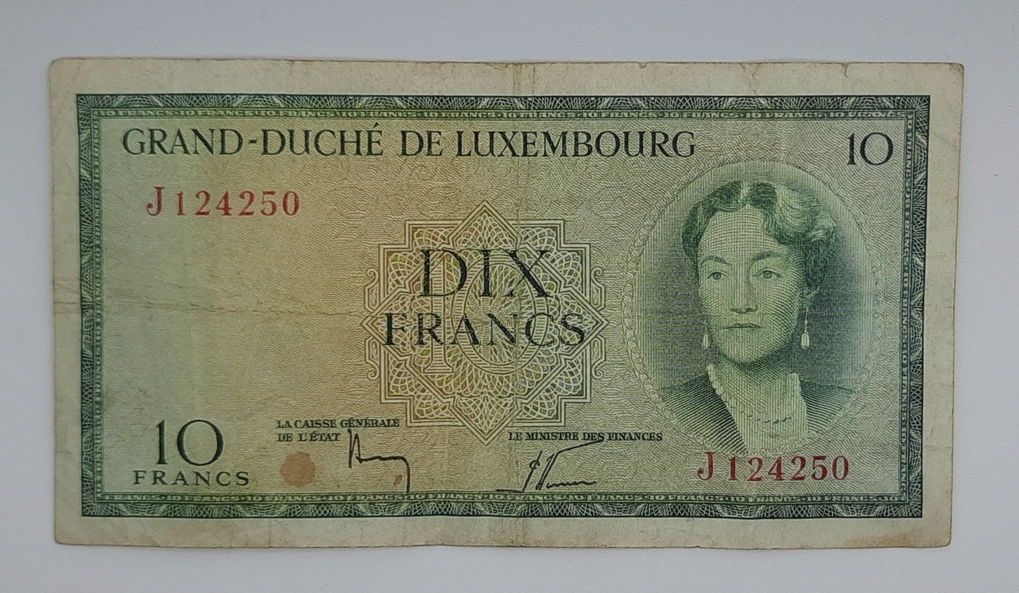 1954 Grand-Duche De Luxembourg - 10 (Ten) Francs Banknote Serial No. J 124250 P-48a
