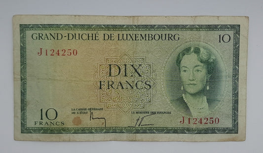 1954 Grand-Duche De Luxembourg - 10 (Ten) Francs Banknote Serial No. J 124250 P-48a
