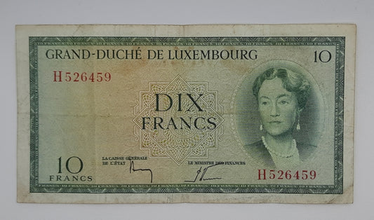1954 Grand-Duche De Luxembourg - 10 (Ten) Francs Banknote Serial No. H 526459 P-48a