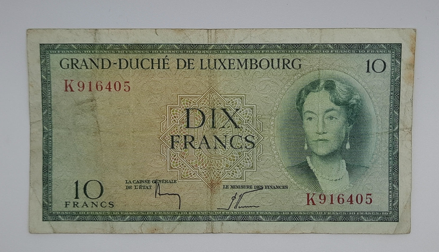 1954 Grand-Duche De Luxembourg - 10 (Ten) Francs Banknote Serial No. K 916405 P-48a