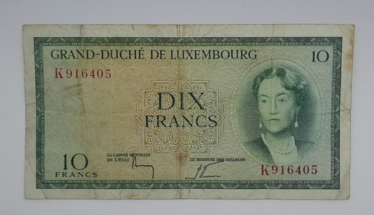 1954 Grand-Duche De Luxembourg - 10 (Ten) Francs Banknote Serial No. K 916405 P-48a