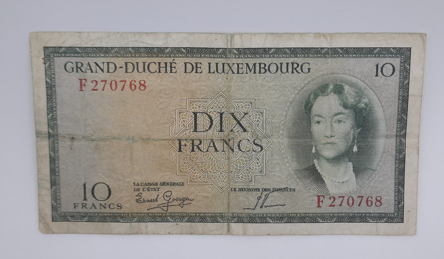 1954 Grand-Duche De Luxembourg - 10 (Ten) Francs Banknote Serial No. F 270768 P-48a