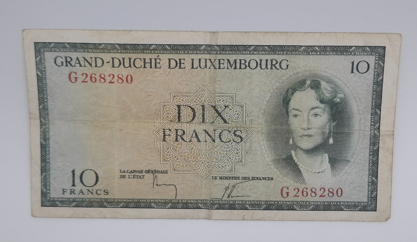 1954 Grand-Duche De Luxembourg - 10 (Ten) Francs Banknote Serial No.G 268280 P-48a