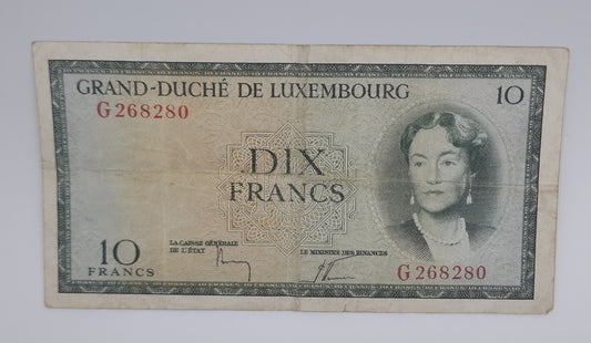 1954 Grand-Duche De Luxembourg - 10 (Ten) Francs Banknote Serial No.G 268280 P-48a