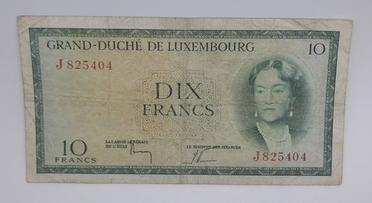 1954 Grand-Duche De Luxembourg - 10 (Ten) Francs Banknote Serial No. J 825404 P-48a