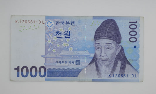 2007 South Korea, Bank of Korea - 1000 Korean Won Banknote Serial No. KJ 3066110 L P-54