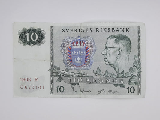 1963 Sweden, Sveriges Riksbank - 10 Swedish Kronor SEK Banknote Serial NO. G 620101 P-52a