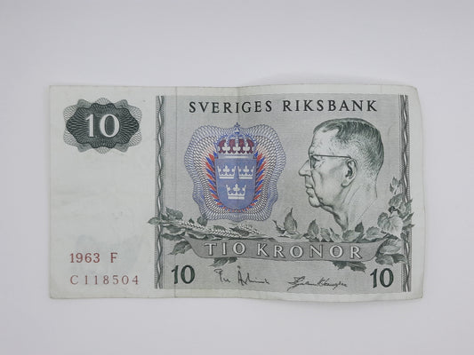 1963 Sweden, Sveriges Riksbank - 10 Swedish Kronor SEK Banknote Serial NO. C 118504 P-52a