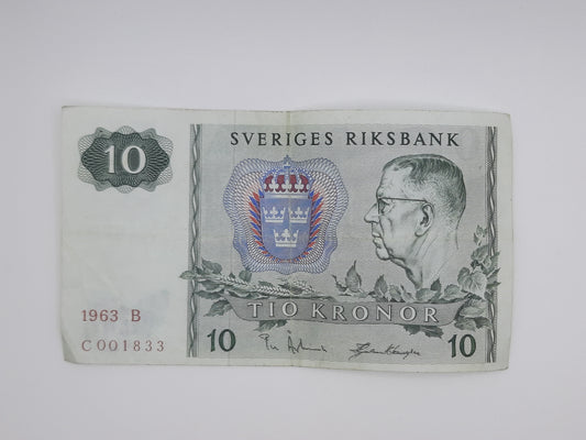 1963 Sweden, Sveriges Riksbank - 10 Swedish Kronor SEK Banknote Serial NO. C 001833 P-52a