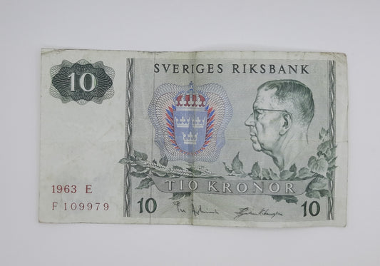 1963 Sweden, Sveriges Riksbank - 10 Swedish Kronor SEK Banknote Serial NO. F 109979 P-52a