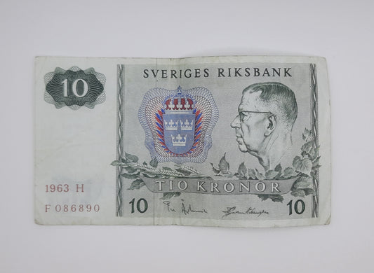 1963 Sweden, Sveriges Riksbank - 10 Swedish Kronor SEK Banknote Serial NO. F 086890 P-52a
