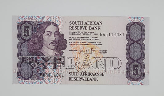 1990 South African Reserve Bank 5 (Five) Rand ZAR Banknote, Bill No. BA 5114081 P-119e