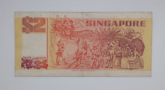 1990  SINGAPORE / Singapura - 2 (Two) Singapore Dollars SGD Banknote Serial No. BY 3307763 P-27a