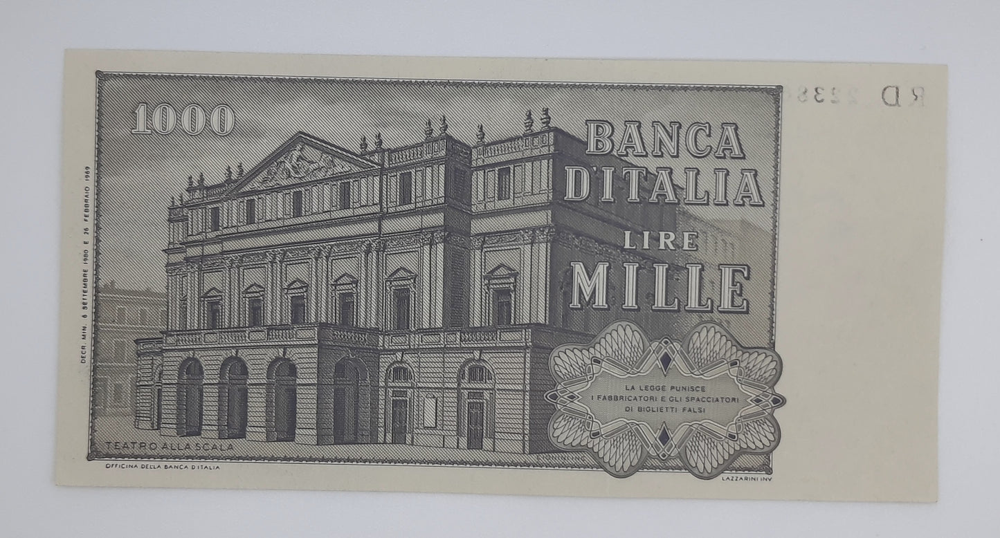 1980 Banca D'Italia, Italy - 1000 Italian Lire ITL Banknote P-109a Serial No. RD 223864 N