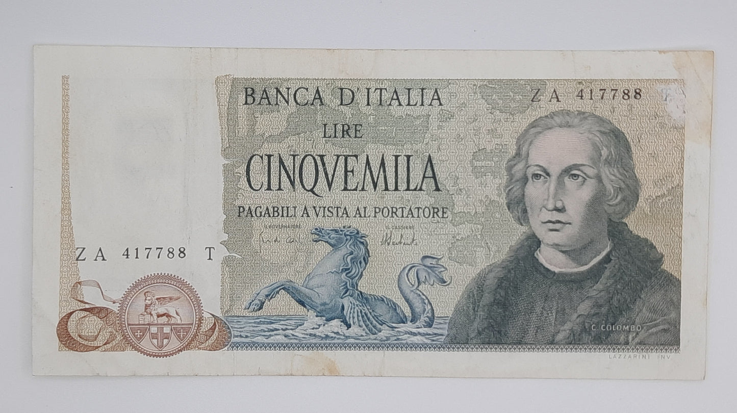 1973 Banca D'Italia, Italy - 5000 Italian Lire ITL Banknote P-102b Serial No. ZA 417788