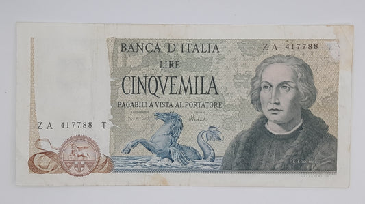 1973 Banca D'Italia, Italy - 5000 Italian Lire ITL Banknote P-102b Serial No. ZA 417788
