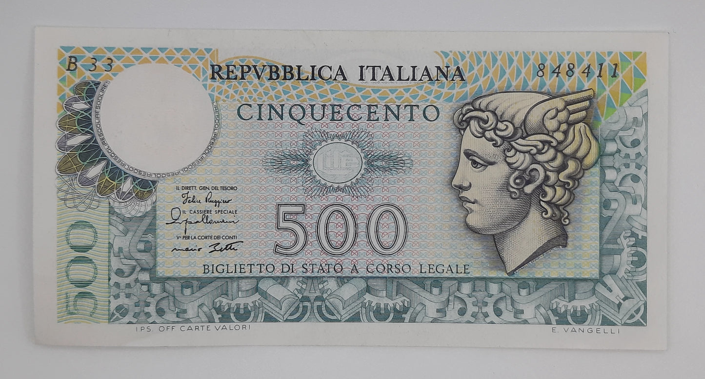 1979  Banca D'Italia, Italy - 500 Italian Lire ITL Banknote P-94 Serial NO. B33 848411