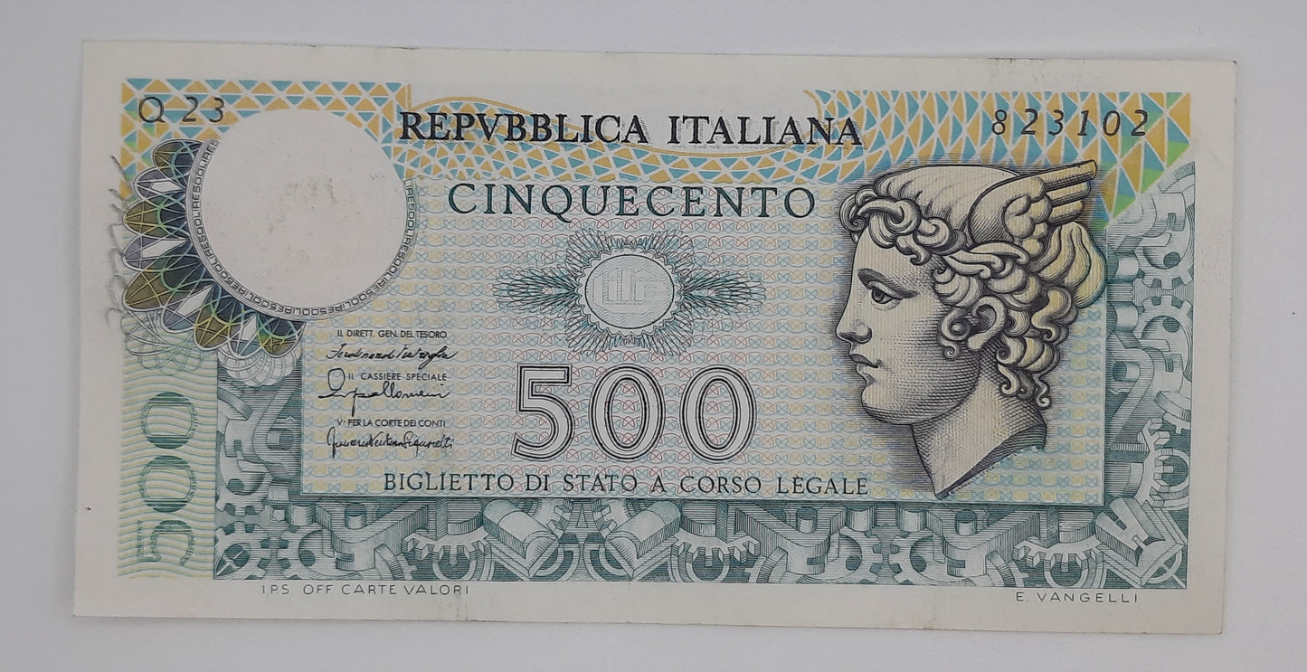 1976 Banca D'Italia, Italy - 500 Italian Lire ITL Banknote P-95 Serial NO. Q23 823102
