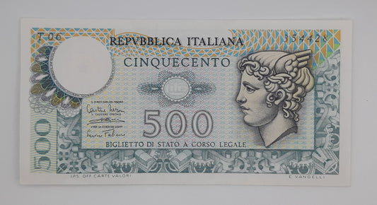 1974 Banca D'Italia, Italy - 500 Italian Lire ITL Banknote P-94 Serial NO. T06 354428