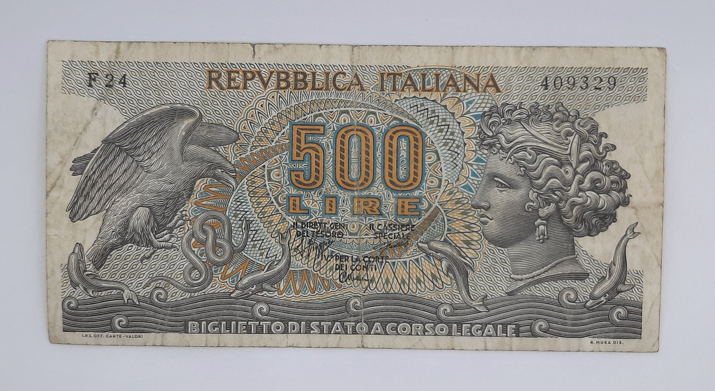 1970 Banca D'Italia, Italy - 500 Italian Lire ITL Banknote P-93a Serial No. F24 409329