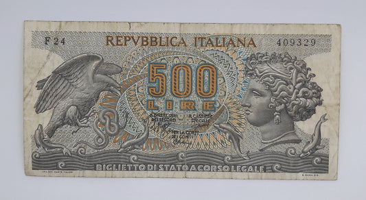 1970 Banca D'Italia, Italy - 500 Italian Lire ITL Banknote P-93a Serial No. F24 409329