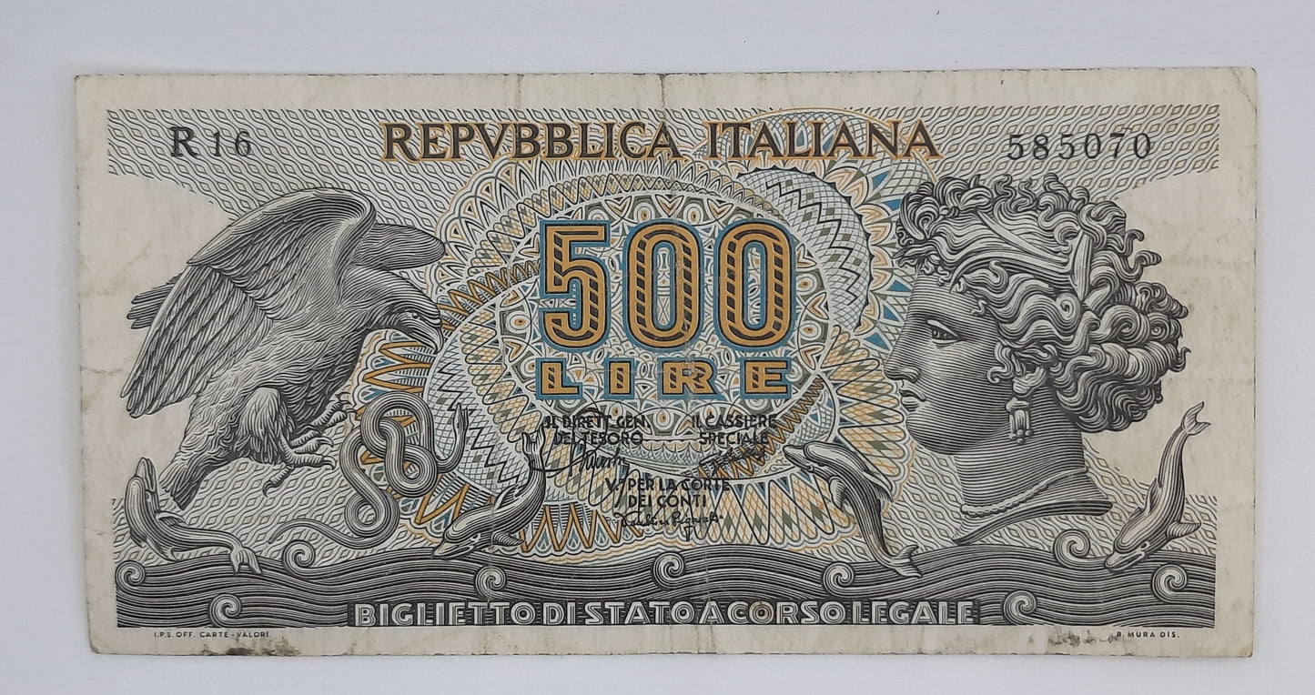 1967 Banca D'Italia, Italy - 500 Italian Lire ITL Banknote P-93a Serial No. R16 585070