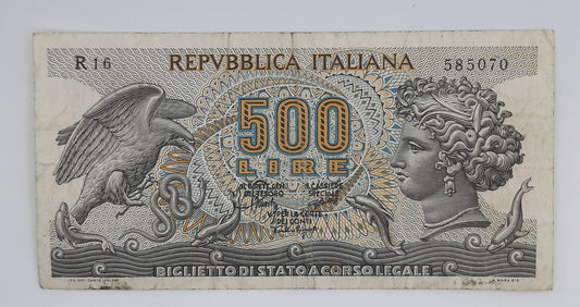 1967 Banca D'Italia, Italy - 500 Italian Lire ITL Banknote P-93a Serial No. R16 585070