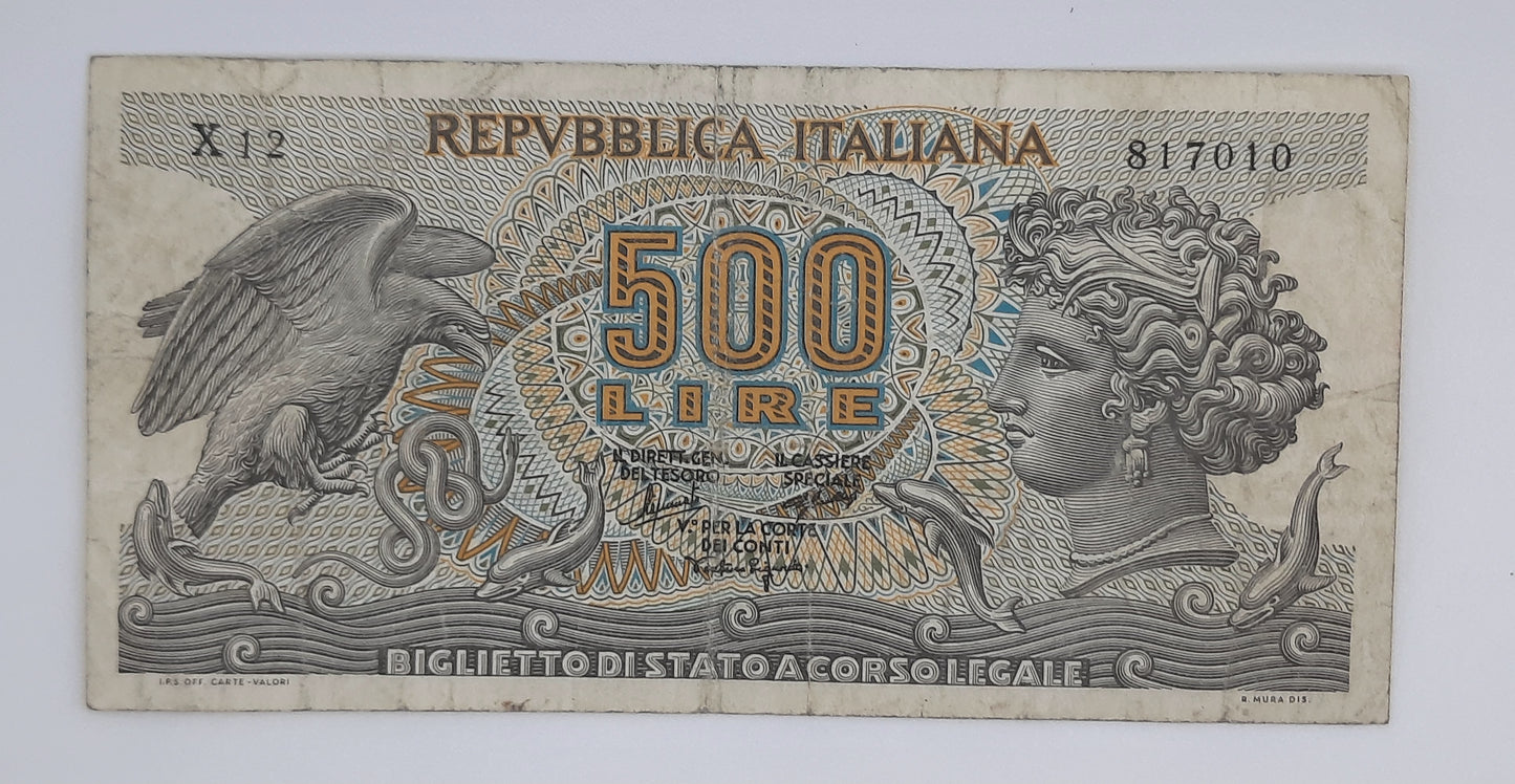 1966 Banca D'Italia, Italy - 500 Italian Lire ITL Banknote P-93a Serial No. X12 817010