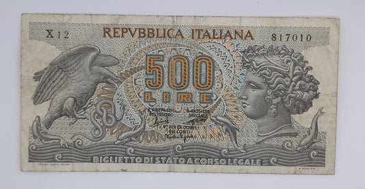1966 Banca D'Italia, Italy - 500 Italian Lire ITL Banknote P-93a Serial No. X12 817010