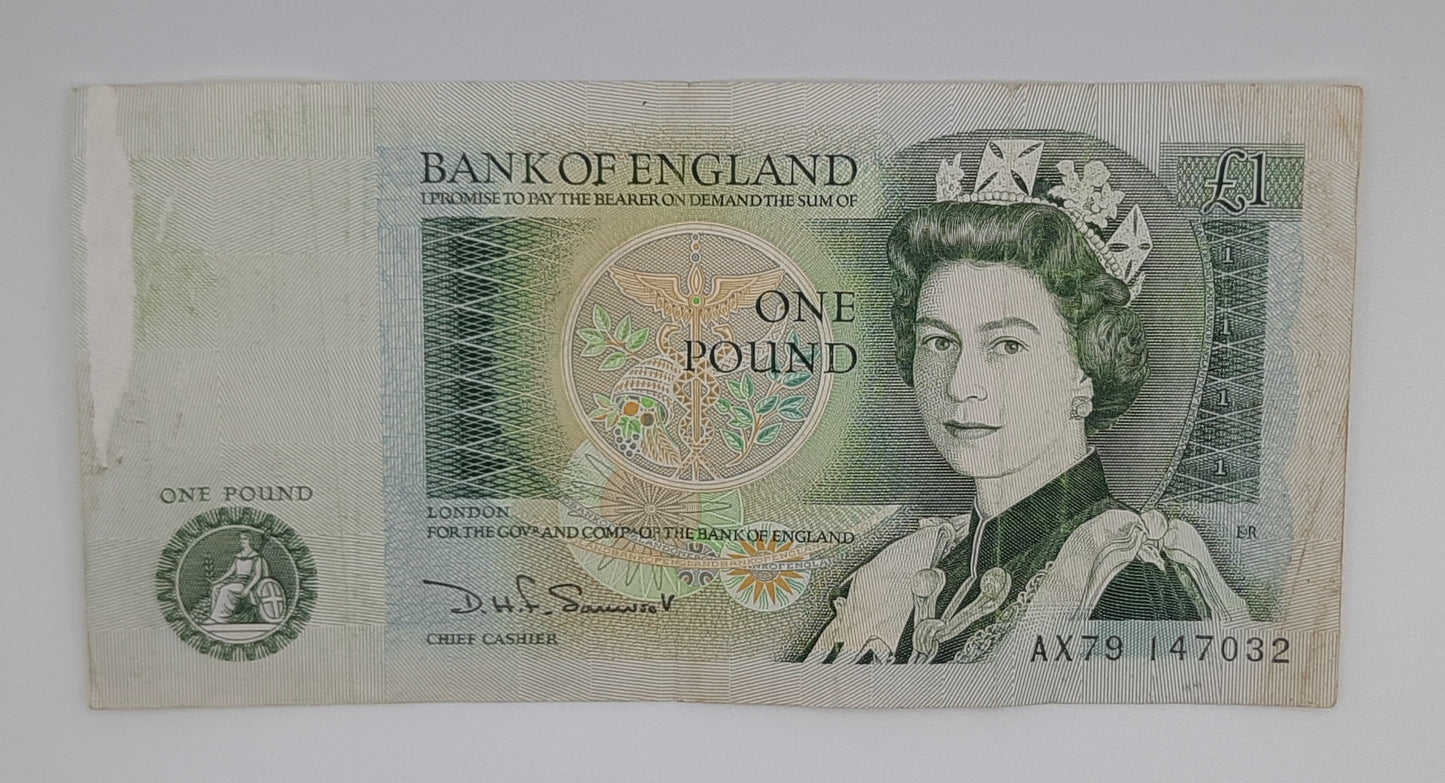 1981 Bank of ENGLAND, United Kingdom - £1 (One) British Pound Banknote Somerset, Serial No. AX79 147032