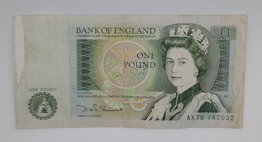 1981 Bank of ENGLAND, United Kingdom - £1 (One) British Pound Banknote Somerset, Serial No. AX79 147032