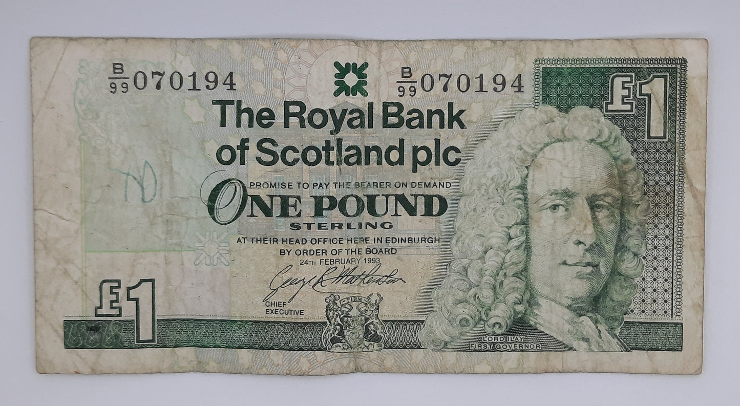 1993 The Royal Bank of Scotland UK - £1 (One) Scottish Pound Banknote P-353c Serial No. B99 070194