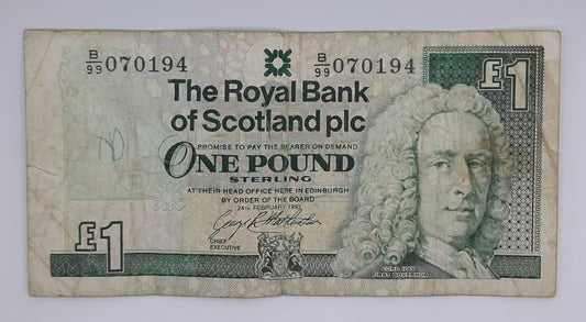 1993 The Royal Bank of Scotland UK - £1 (One) Scottish Pound Banknote P-353c Serial No. B99 070194