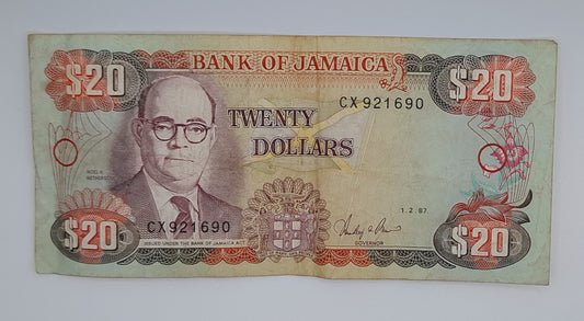 1987 Jamaica, Bank of Jamaica - 20 Jamaican Dollars Banknote P-72 Serial No. CX 921690