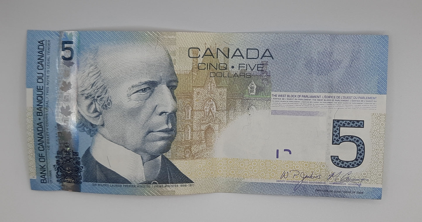 2009 Bank of Canada / Banque Du Canada - 5 Canadian Dollars CAD Banknote P-102c Serial No. AAT 0843961